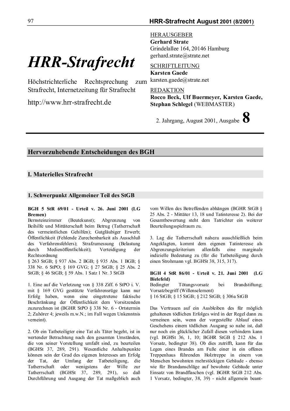HRRS-Ausgabe August 2001